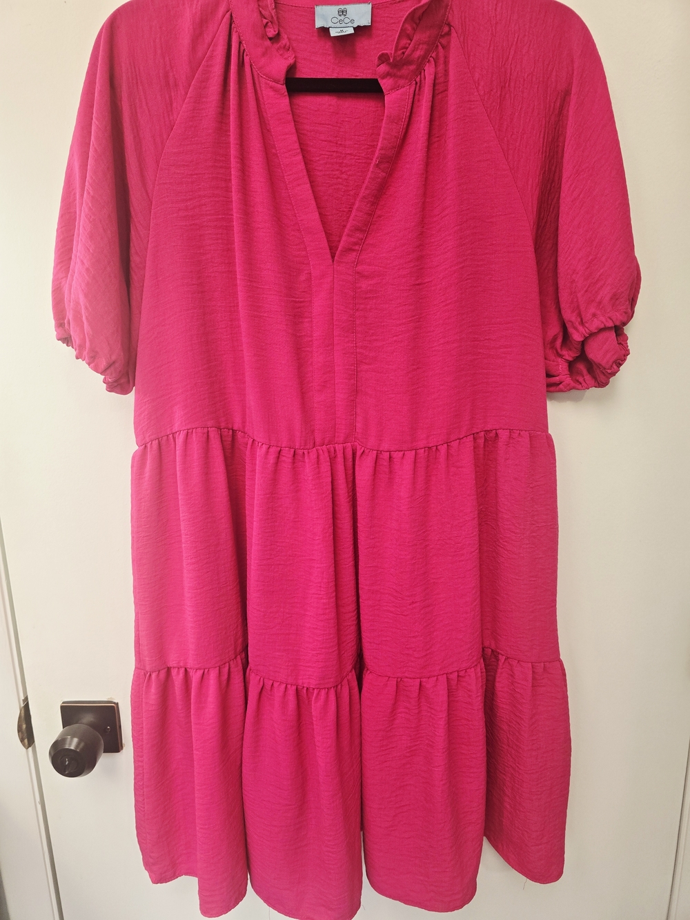 CeCe Hot Pink Tiered V-Neck Mini Dress-Medium Summertime!